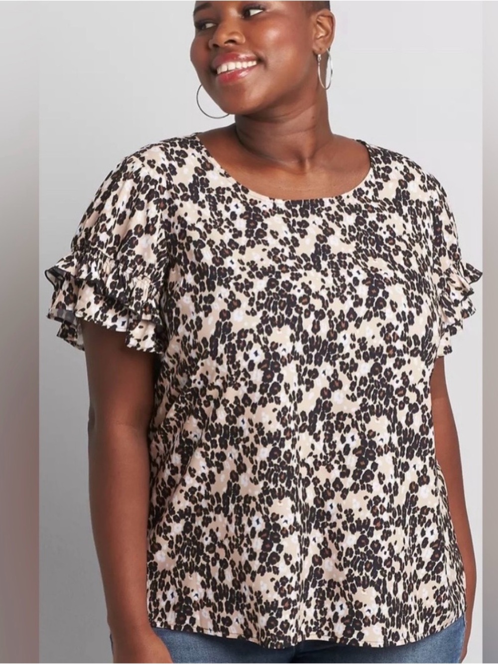 Lane Bryant Beige and Black Leopard Ruffle Sleeve Blouse